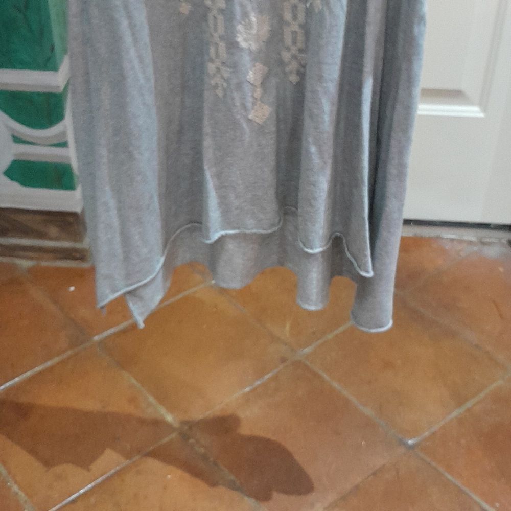 Johnny Was Gray Tee with Pink & Teal Floral Embroidery and Cream Lace - Picture 6 of 6